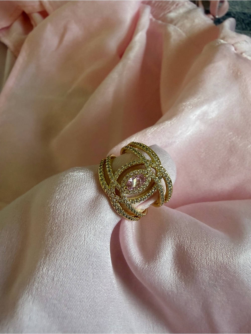 Gold-Tone Pink Crystal Swirl Statement Ring